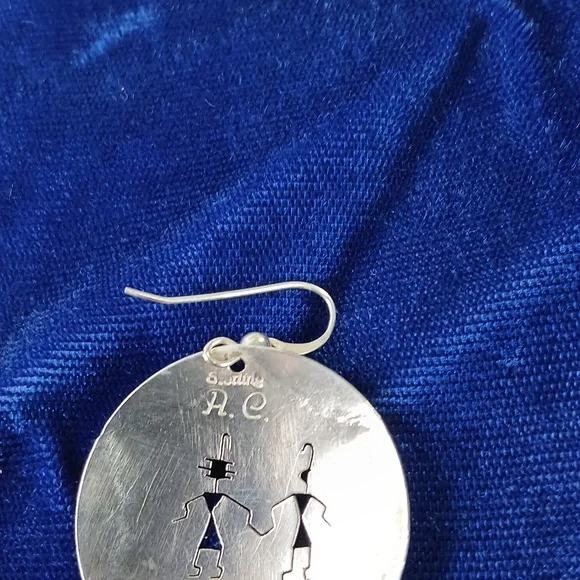 Native American Hook Earrings Sterling Silver Cut Out Figures and Turquoise - Picture 11 of 12